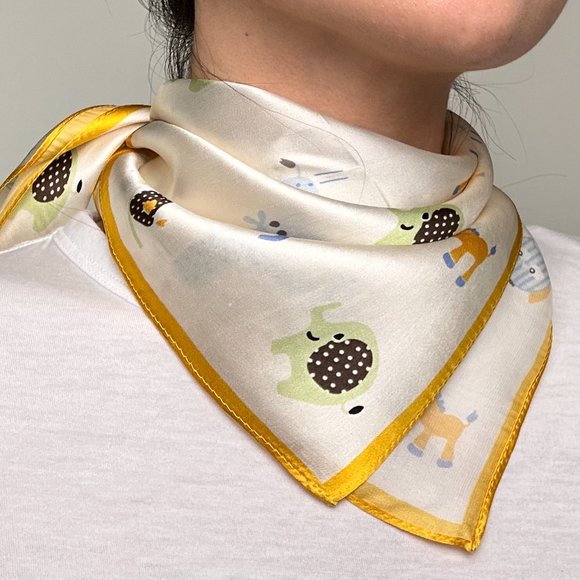 Blue&Yellow&Cream Toy Pure Silk Square Scarf - Picture 4 of 5